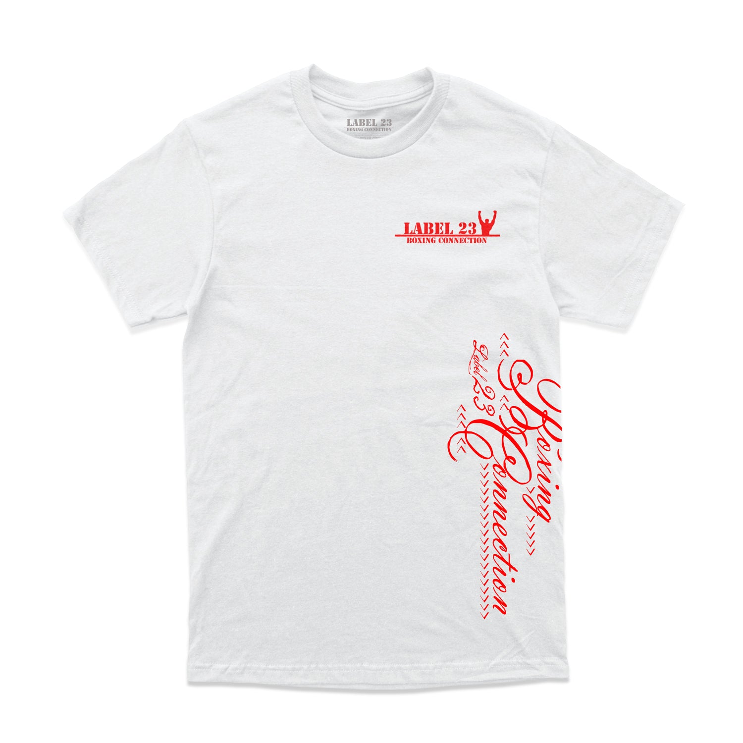 Herren T-Shirt ‚BCTA‘ von Label 23 – weißes Baumwoll-Shirt mit rotem Frontprint im sportlichen Boxstyle für Gym, Alltag und Streetwear