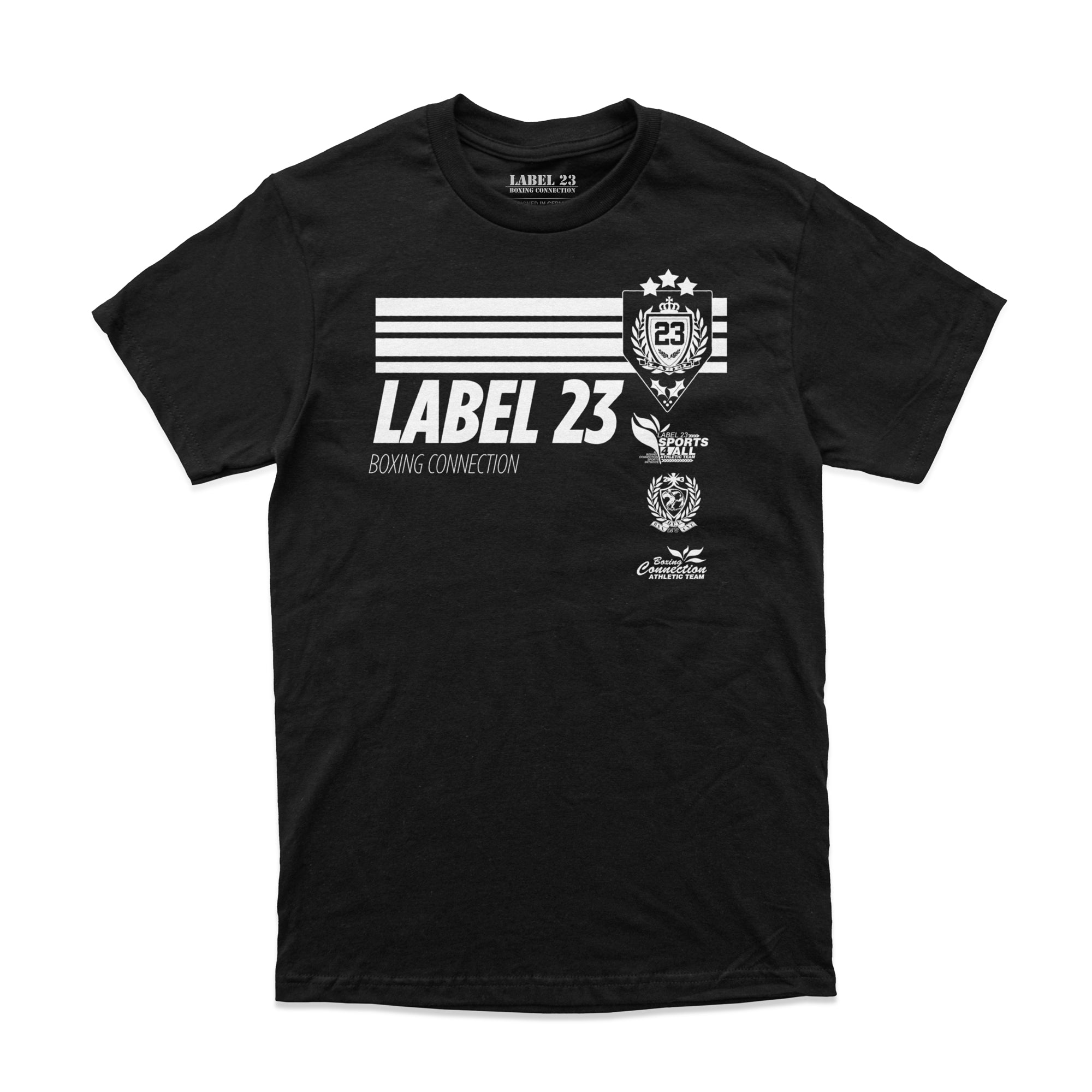 Herren T-Shirt ‚Retro Basic‘ von Label 23 – schwarzes Baumwoll-Shirt mit weißem Print im klassischen Boxstyle für Streetwear und Alltag