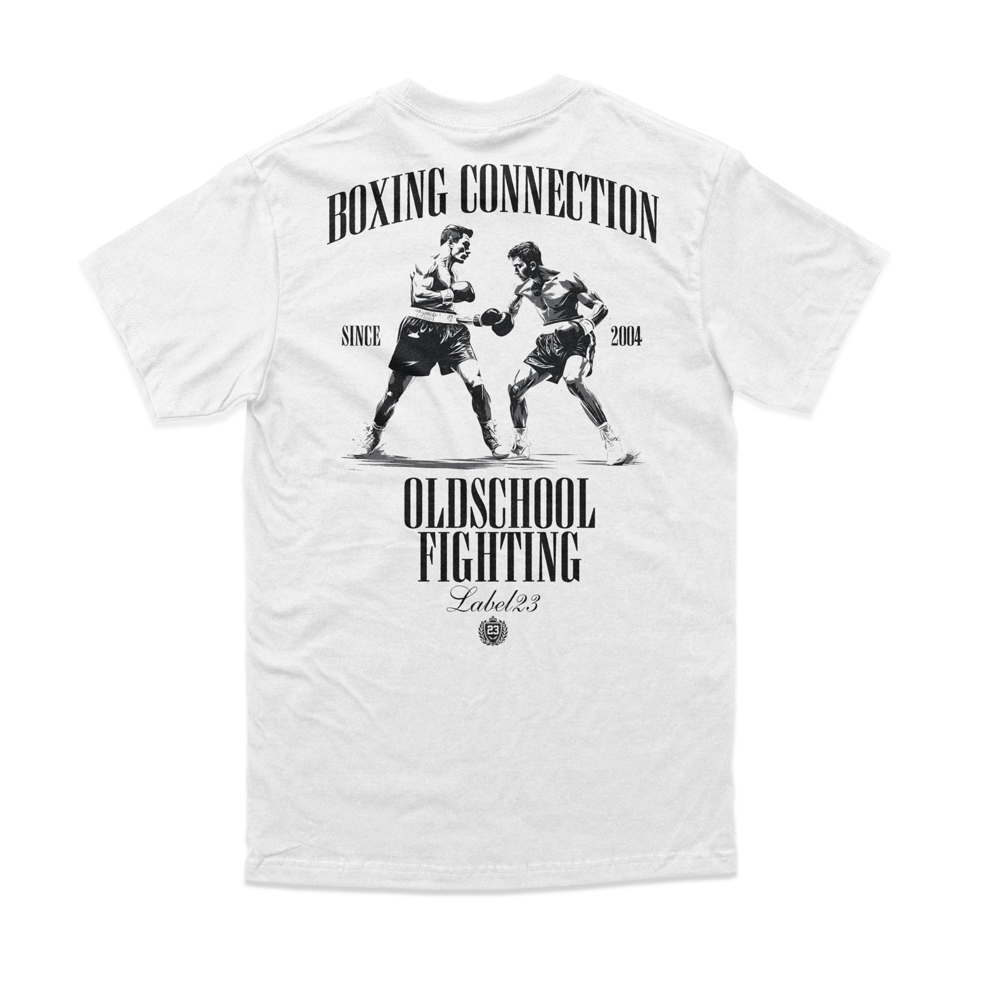 Herren T-Shirt ‚Old School‘ von Label 23 – weißes Baumwoll-Shirt mit schwarzem Retro-Print im klassischen Boxstyle für Streetwear und Gym
