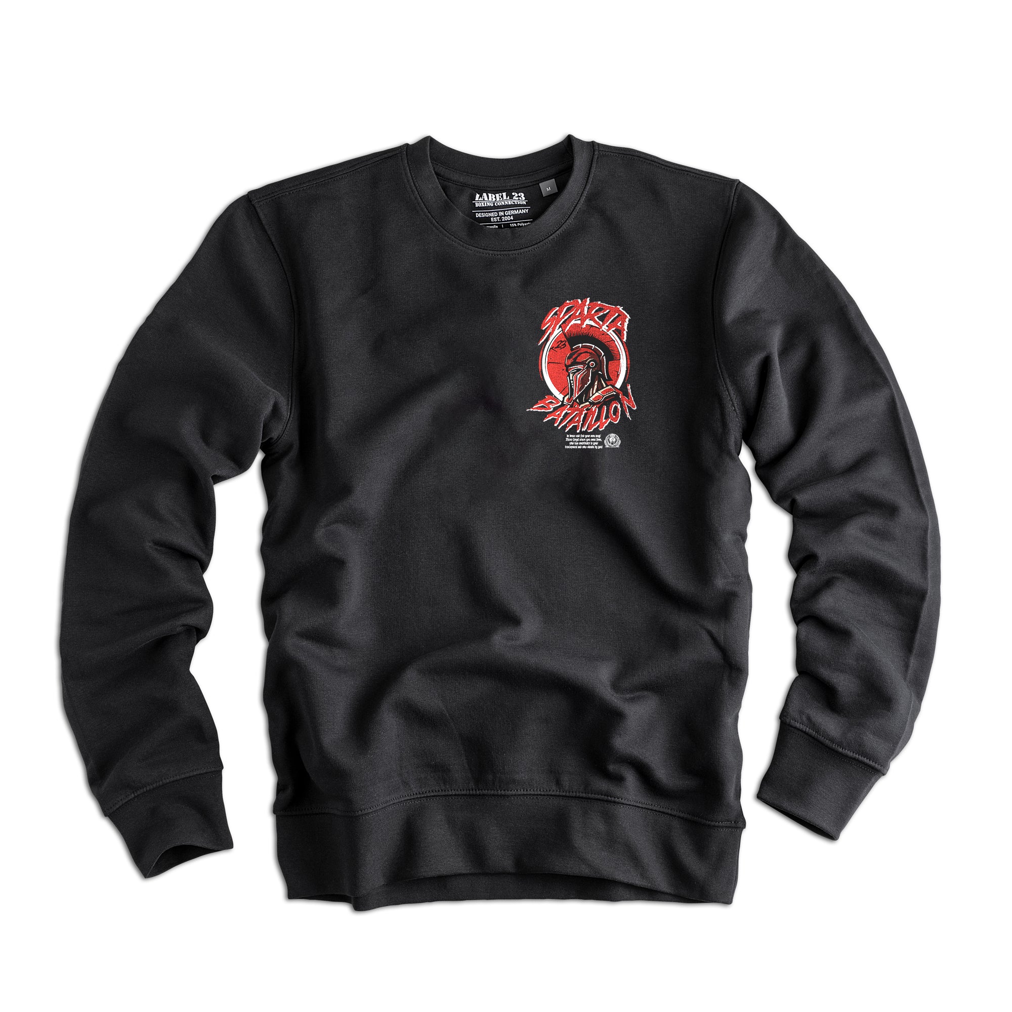 Label 23 Sweatshirt Bataillon in Schwarz – markantes Herren-Sweatshirt mit weiß-rotem Bataillon-Print, sportlicher Schnitt und weiche Baumwollmischung, ideal für kraftvolle Streetwear mit Statement.