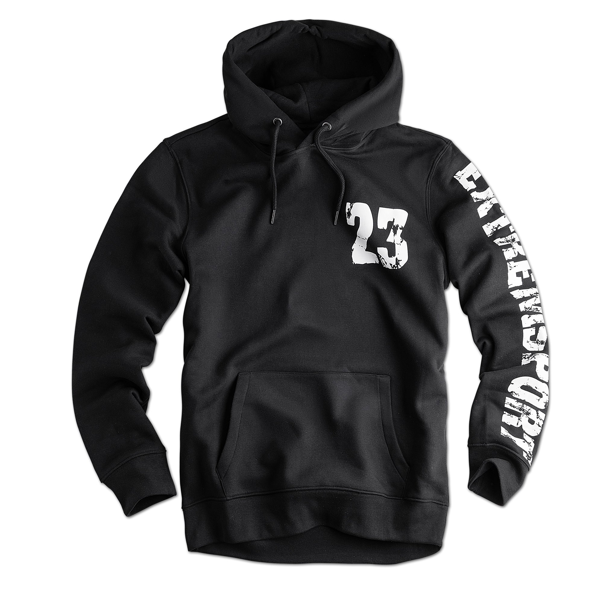Label 23 Hoodie Extremsport in Schwarz – markanter Herren-Hoodie mit weißem Extremsport-Print, Kapuze mit Kordelzug und Kängurutasche, aus weicher Baumwollmischung, ideal für Sport und Streetwear.