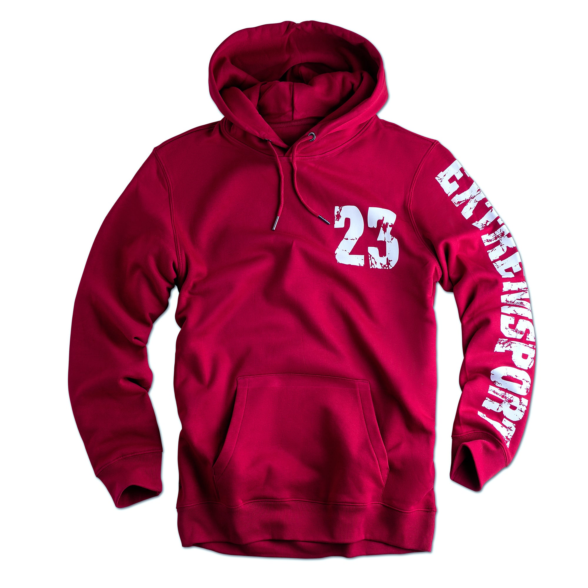 Label 23 Hoodie Extremsport in Weinrot – stylischer Herren-Hoodie mit weißem Extremsport-Print, Kapuze mit Kordelzug und Kängurutasche, aus weicher Baumwollmischung, ideal für Training und Freizeit.