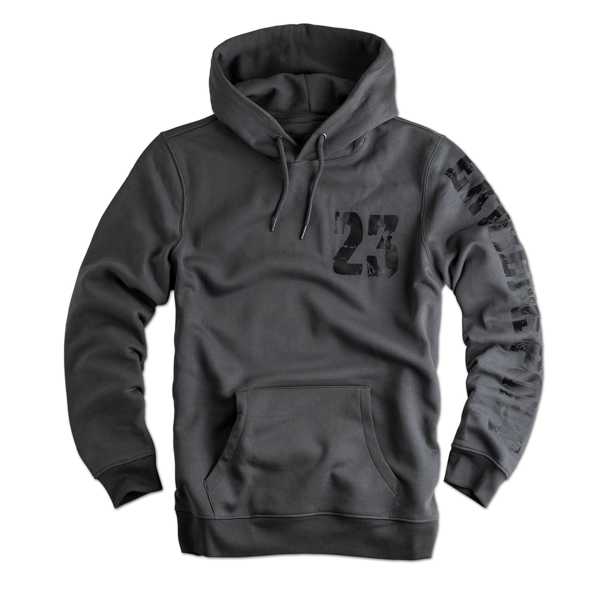 Label 23 Hoodie Extremsport in Dunkelgrau-Schwarz – sportlicher Herren-Hoodie mit schwarzem Extremsport-Print, Kapuze mit Kordelzug und Kängurutasche, aus weicher Baumwollmischung, ideal für Training und Streetwear.