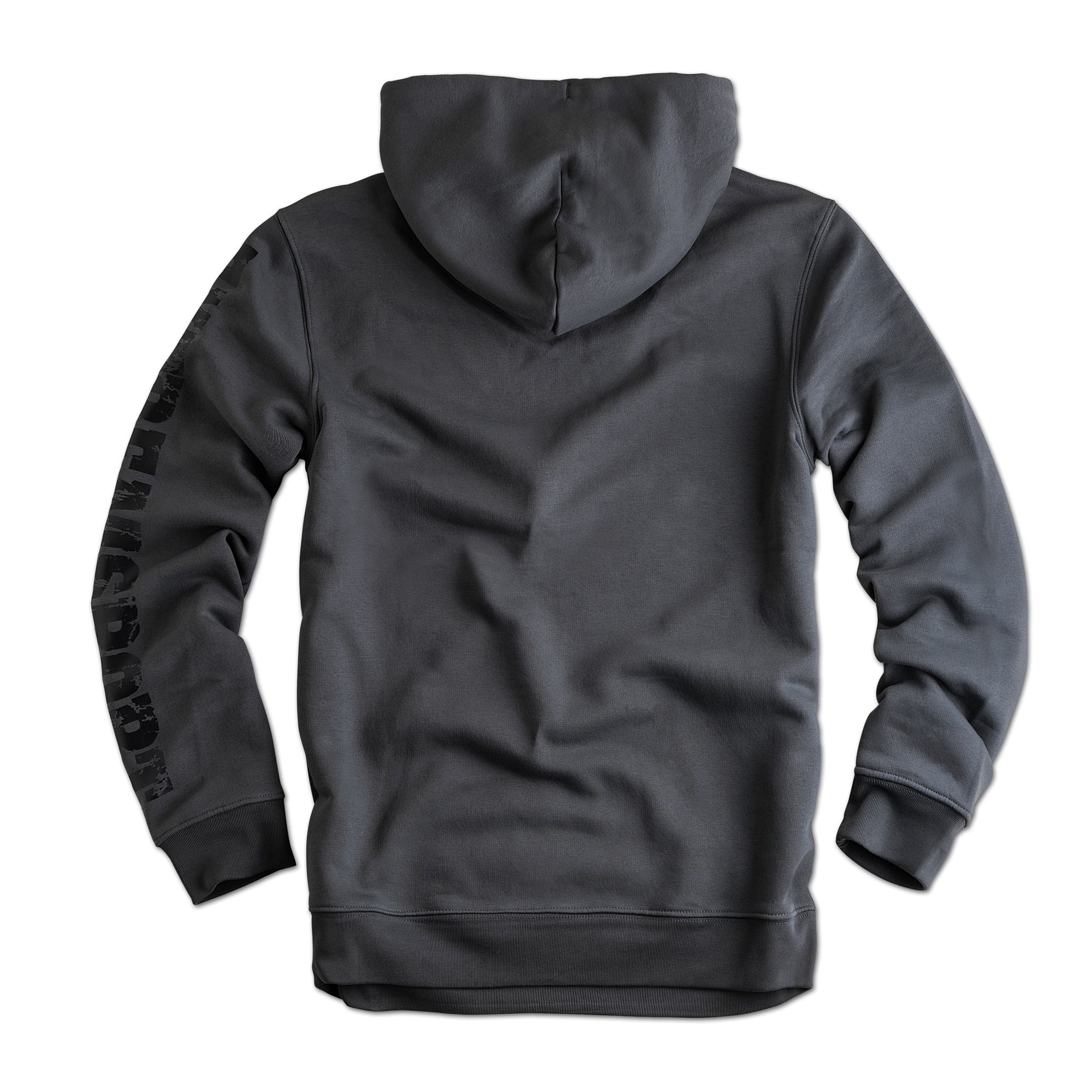 Label 23 Hoodie Extremsport in Dunkelgrau-Schwarz – sportlicher Herren-Hoodie mit schwarzem Extremsport-Print, Kapuze mit Kordelzug und Kängurutasche, aus weicher Baumwollmischung, ideal für Training und Streetwear.