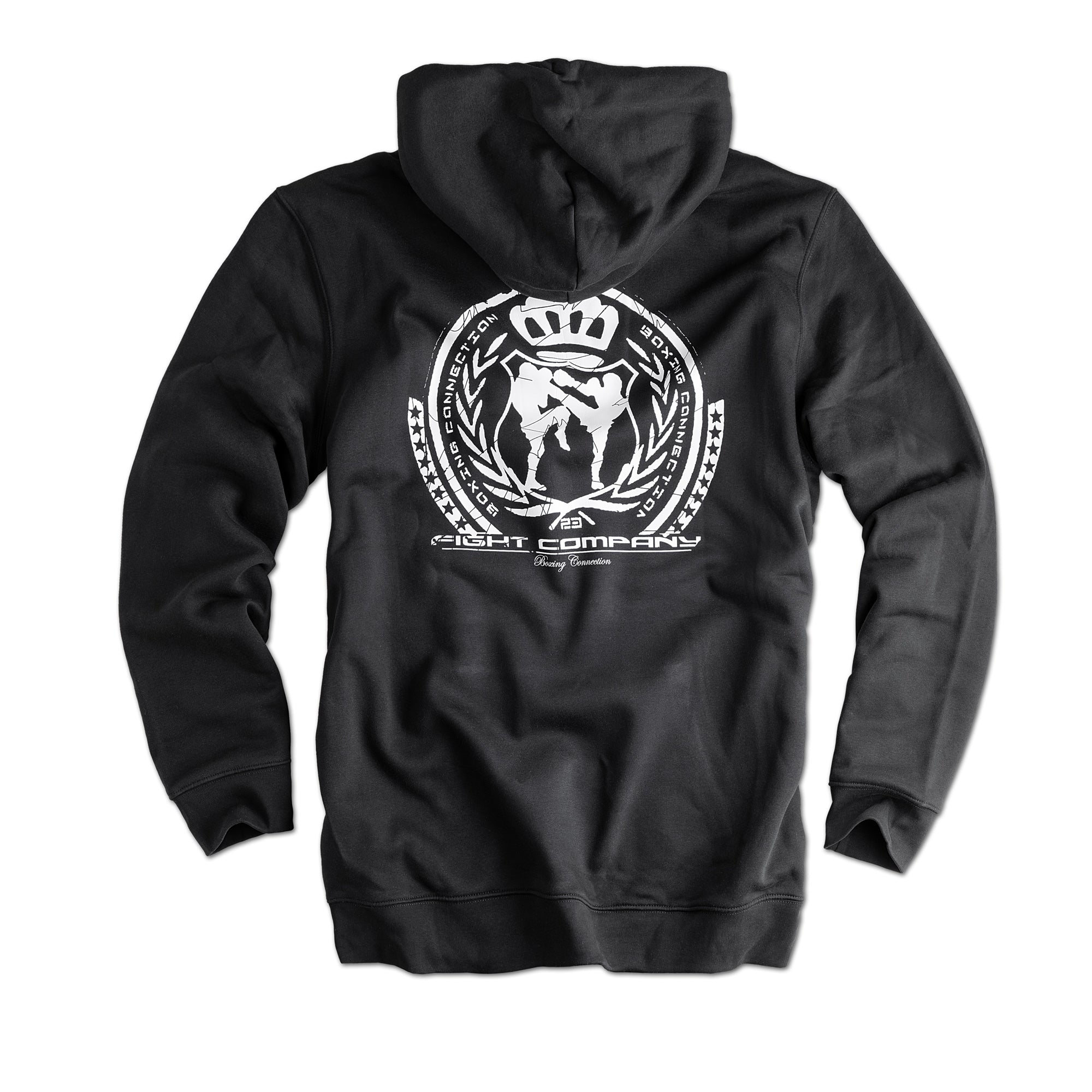 Label 23 Hoodie BCTA in Schwarz-Weiß – markanter Herren-Hoodie mit weißem BCTA-Frontprint, klassischer Schnitt, Kapuze mit Kordelzug und Kängurutasche, perfekt für sportliche und urbane Streetwear.