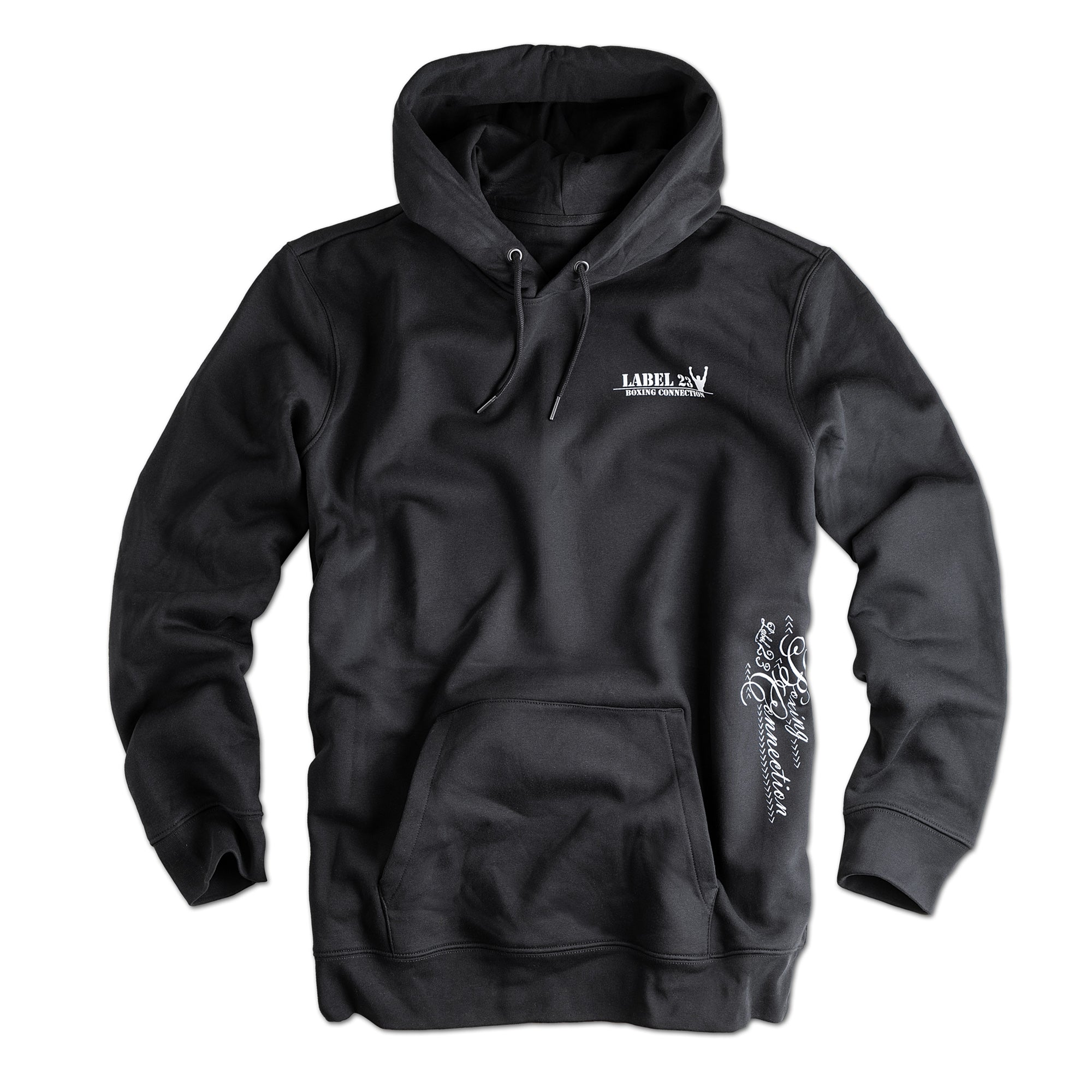 Label 23 Hoodie BCTA in Schwarz-Weiß – markanter Herren-Hoodie mit weißem BCTA-Frontprint, klassischer Schnitt, Kapuze mit Kordelzug und Kängurutasche, perfekt für sportliche und urbane Streetwear.