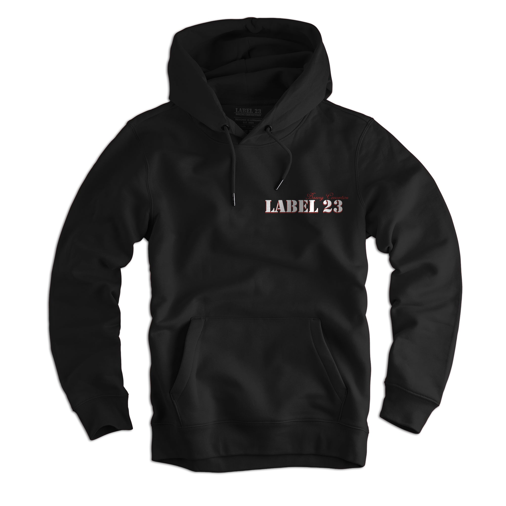 Label 23 Hoodie BCTA 2.0 in Schwarz – kraftvoller Herren-Hoodie mit Frontprint, Kapuze mit Kordelzug und Kängurutasche, aus weicher Baumwollmischung, perfekt für Training und markante Streetwear.