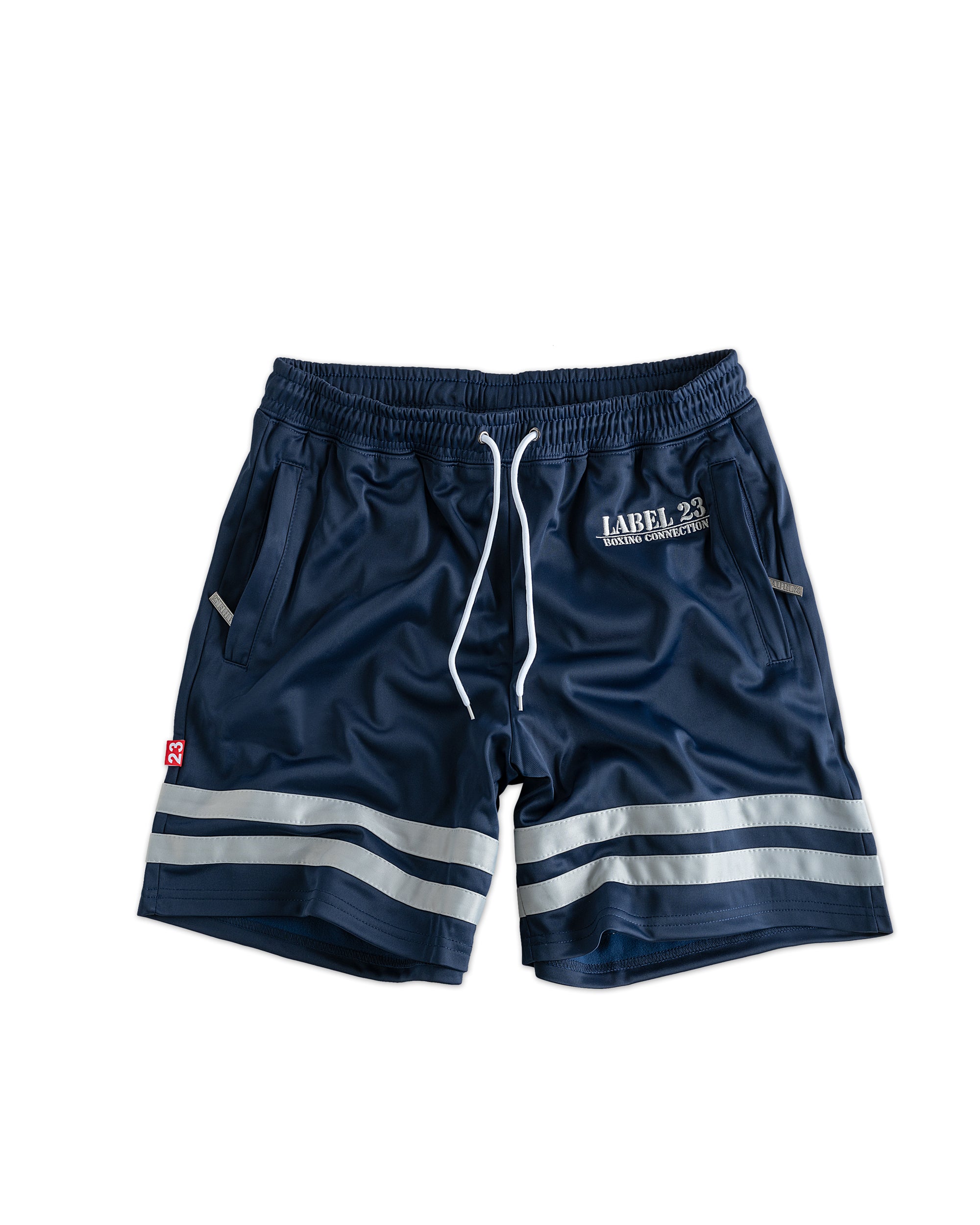 Label 23 Navyline Shorts in Dunkelblau – sportliche Herren-Shorts mit weißem Label-Print, elastischem Bund und bequemer Passform, ideal für Alltag, Gym und Freizeit.