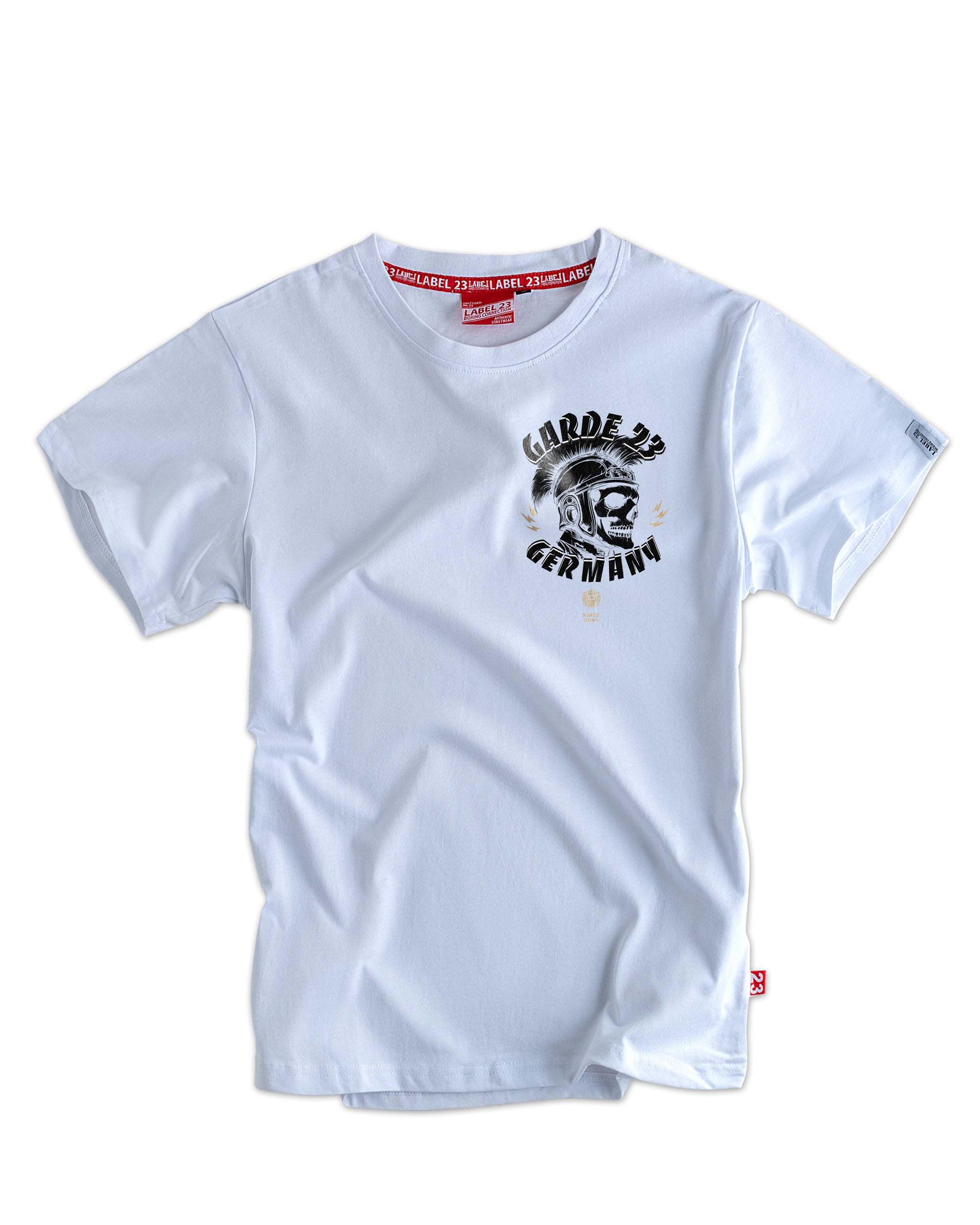 Herren T-Shirt ‚Garde 23‘ von Label 23 – weißes Baumwoll-Shirt mit Frontprint im sportlichen Boxstyle für Streetwear und Training