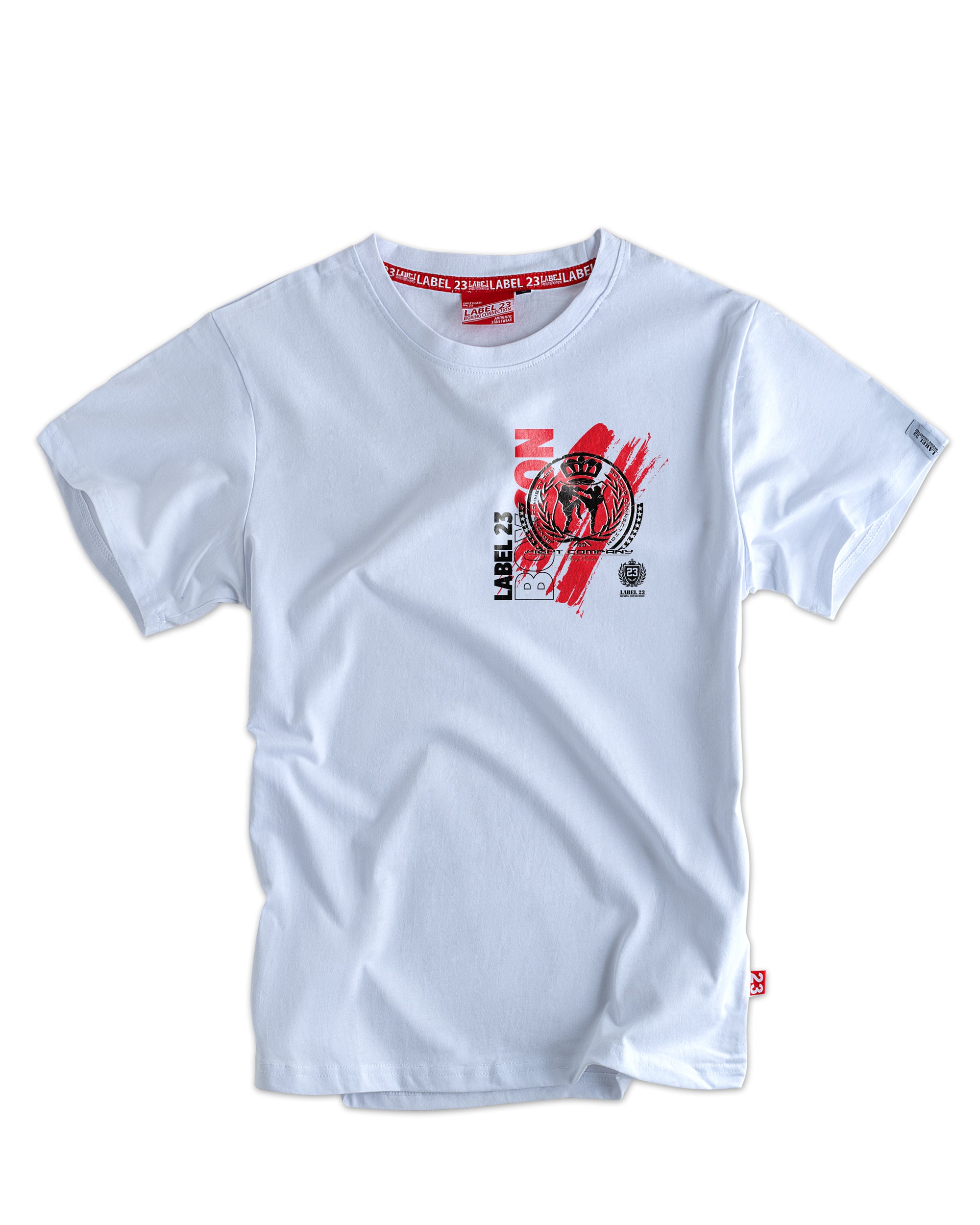 Herren T-Shirt ‚New Area BCTA‘ von Label 23 – weißes Baumwoll-Shirt mit Frontprint im sportlichen Boxstyle für Gym und Streetwear