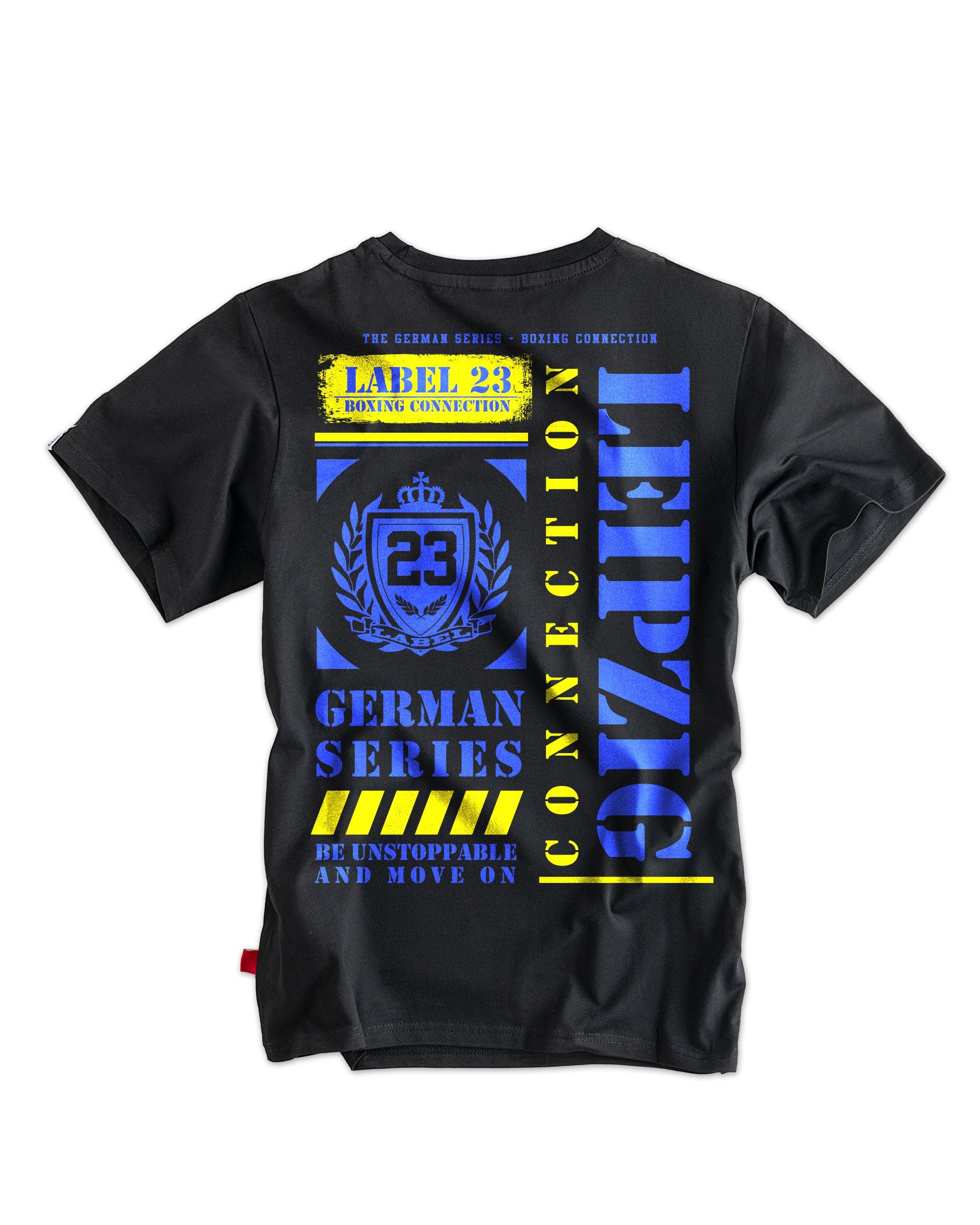Label 23 T-Shirt German Series Leipzig in Schwarz – markantes Herren-Shirt mit blau-gelbem Leipzig-Print, klassischer Schnitt und weiche Baumwolle, ideal für sportliche Streetstyles mit Haltung.