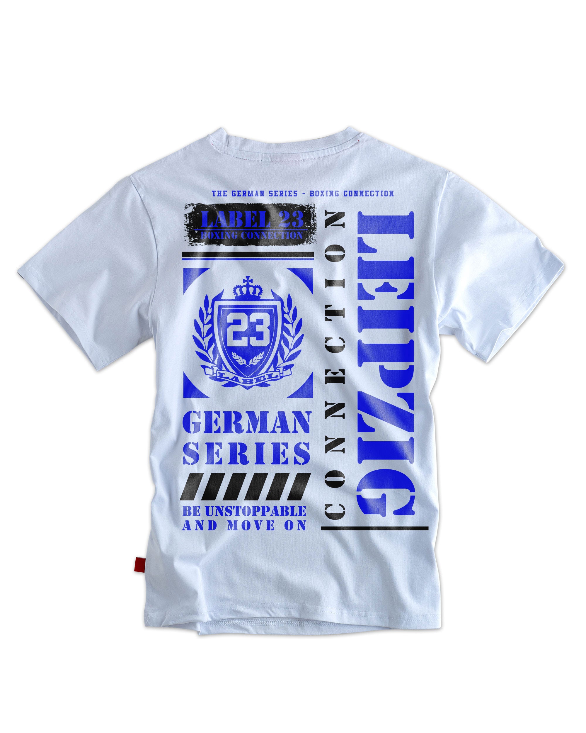 Label 23 T-Shirt German Series Leipzig in Weiß – lässiges Herren-Shirt mit schwarz-blauem Leipzig-Print, gerader Schnitt und hochwertige Baumwolle, perfekt für klare Streetwear-Statements.