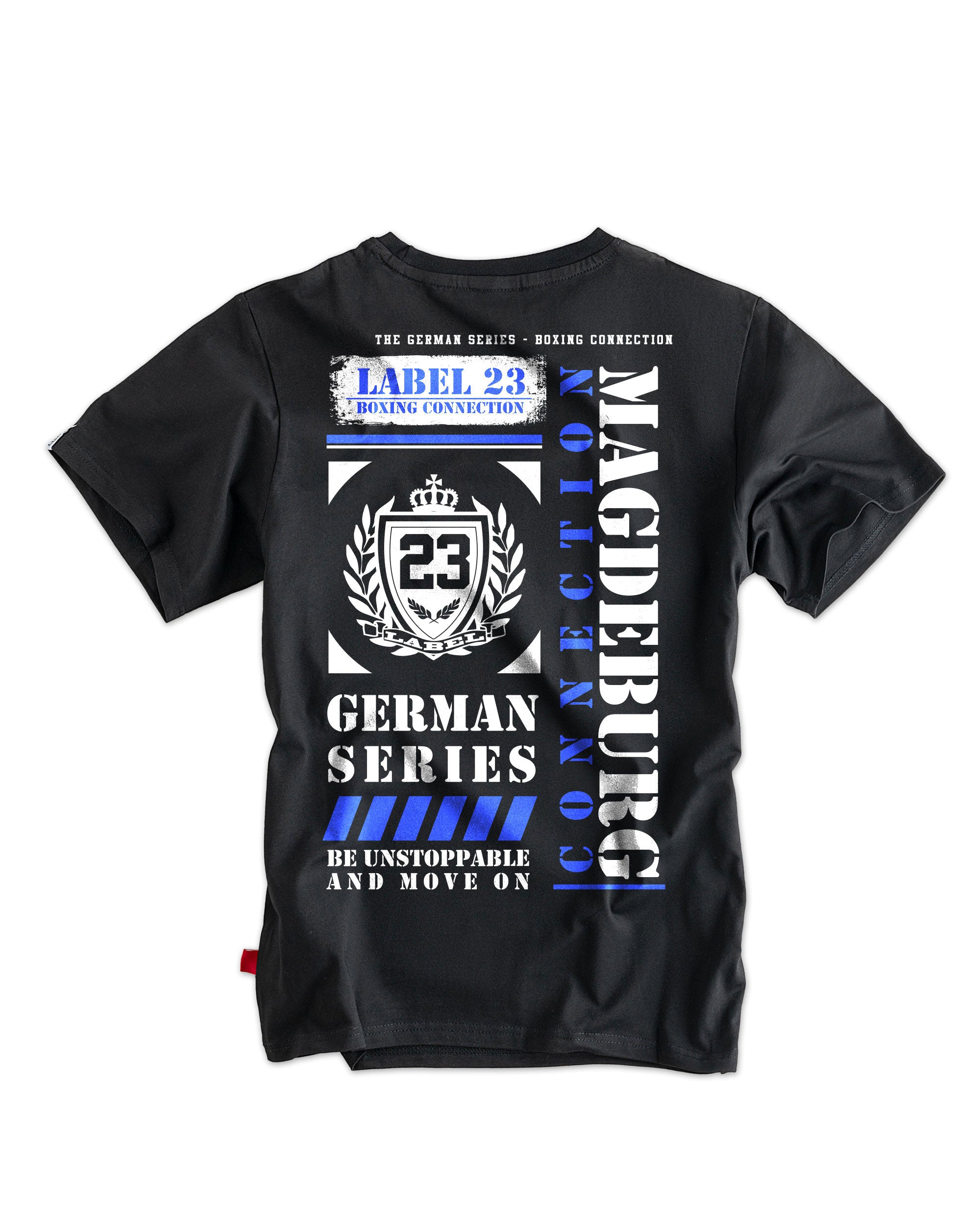 Label 23 T-Shirt German Series Magdeburg in Schwarz – kraftvolles Herren-Shirt mit weißem Magdeburg-Print, gerader Schnitt und weicher Baumwolle, perfekt für authentische Streetwear mit regionalem Statement.