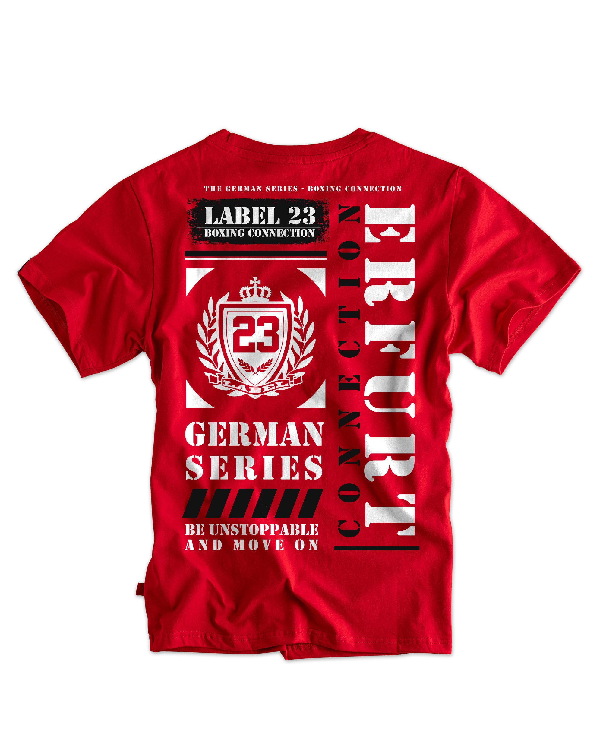 Label 23 T-Shirt German Series Erfurt in Rot – auffälliges Herren-Shirt mit weißem Erfurt-Print, sportlicher Schnitt und hochwertiger Baumwolle, ideal für ausdrucksstarke Streetwear mit regionalem Statement.