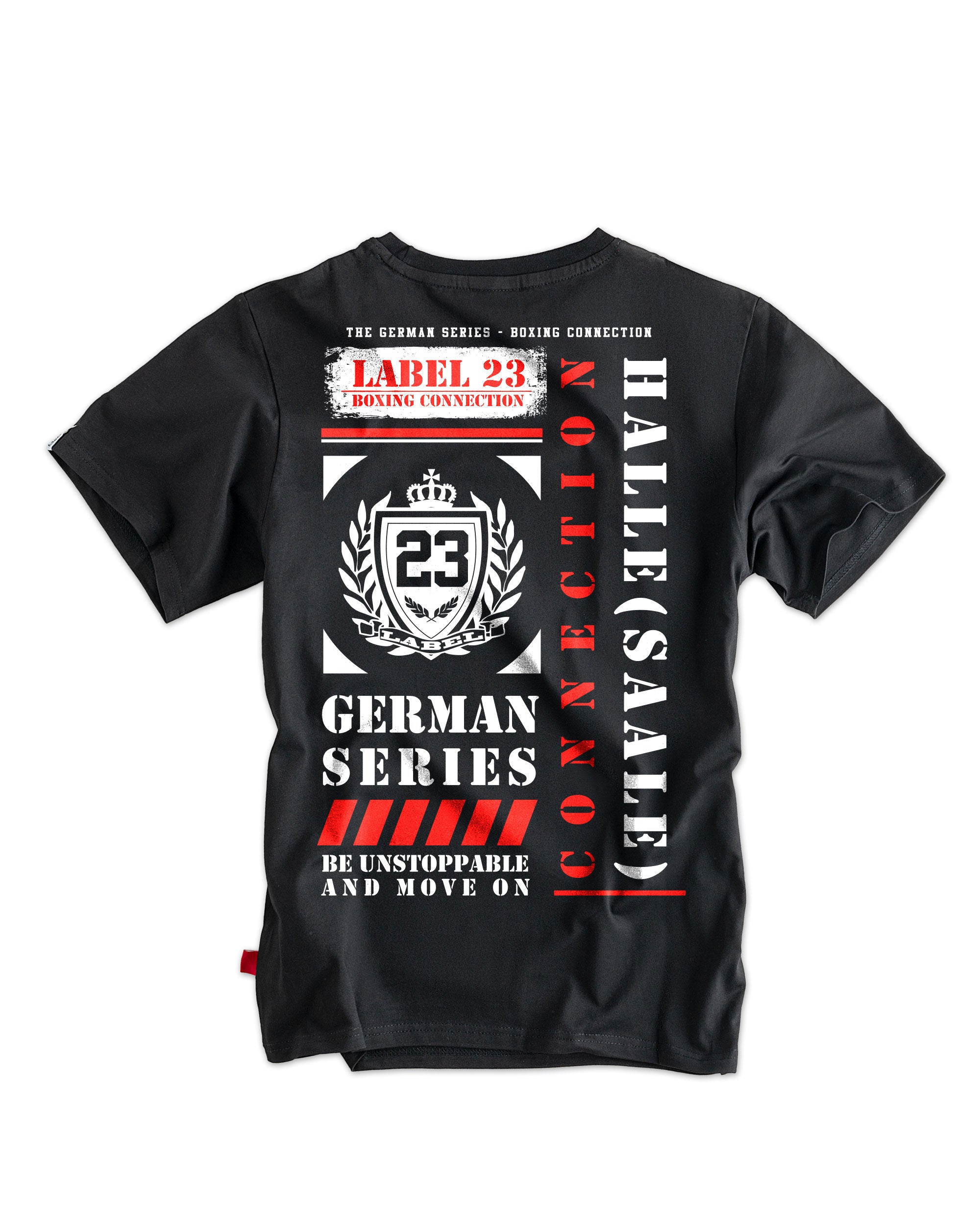 Label 23 T-Shirt German Series Halle (Saale) in Schwarz – sportliches Herren-Shirt mit weißem Halle-Print, gerader Schnitt und hochwertiger Baumwolle, perfekt für authentische Streetwear mit regionaler Identität.