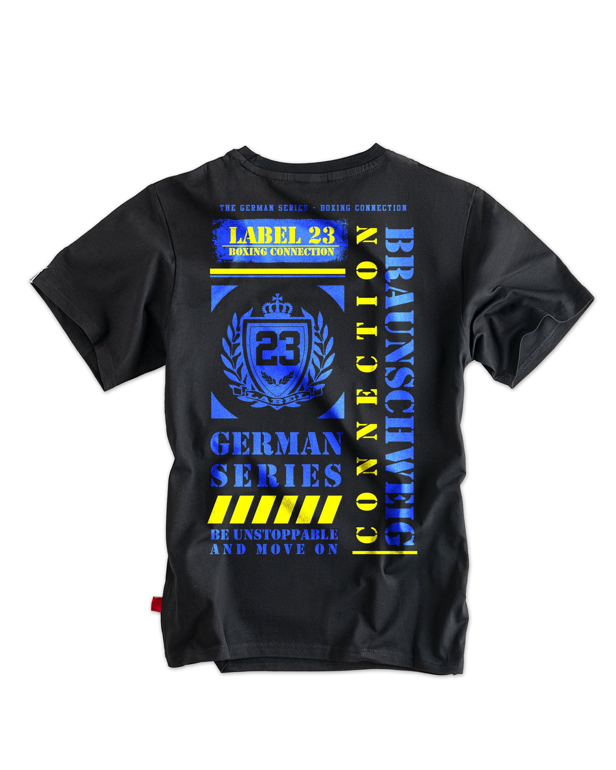 Label 23 T-Shirt German Series Braunschweig in Schwarz – kraftvolles Herren-Shirt mit gelb-blauem Braunschweig-Print, gerader Schnitt und 100 % Baumwolle, ideal für selbstbewusste Streetwear mit Lokalbezug.