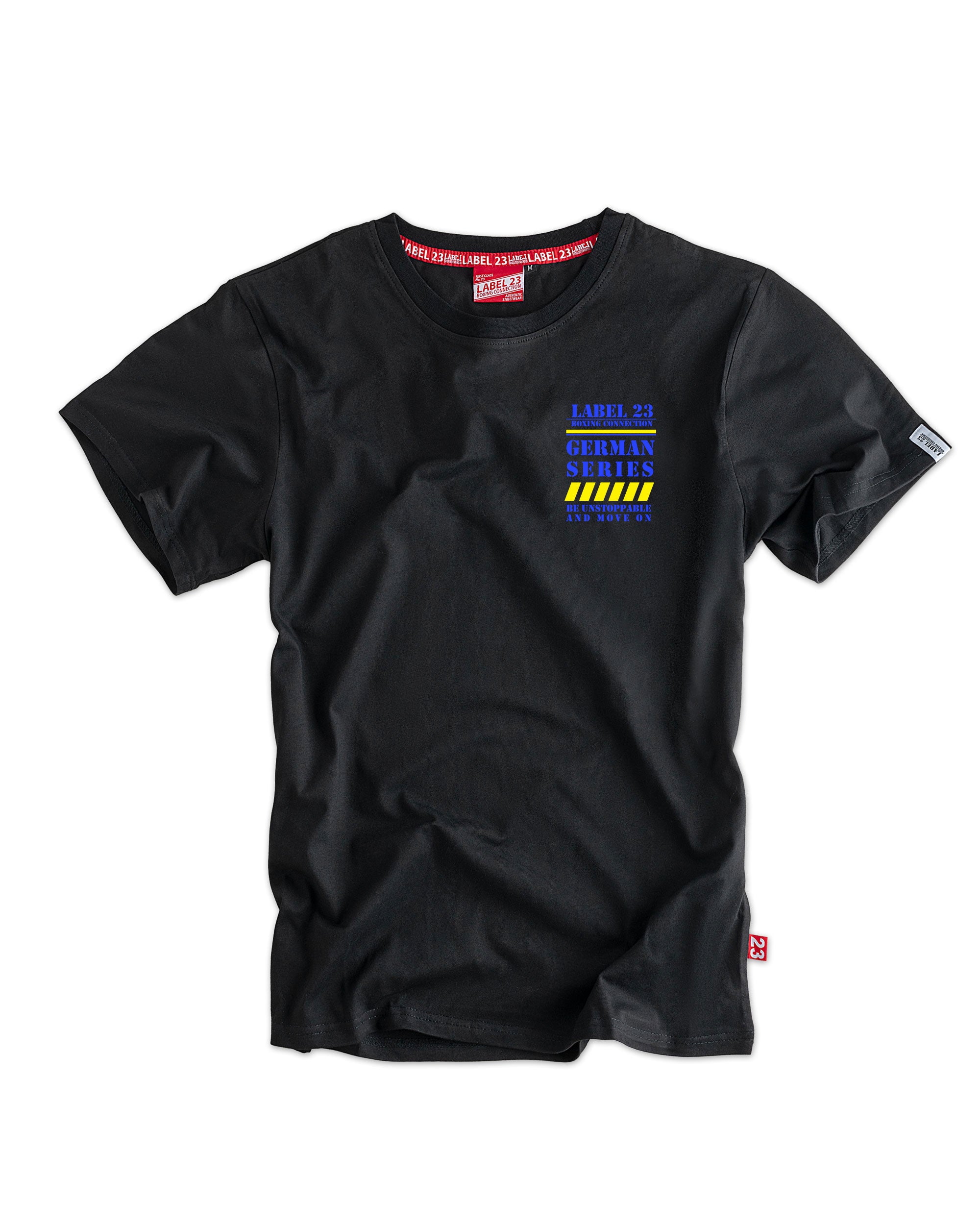 Label 23 T-Shirt German Series Braunschweig in Schwarz – kraftvolles Herren-Shirt mit gelb-blauem Braunschweig-Print, gerader Schnitt und 100 % Baumwolle, ideal für selbstbewusste Streetwear mit Lokalbezug.