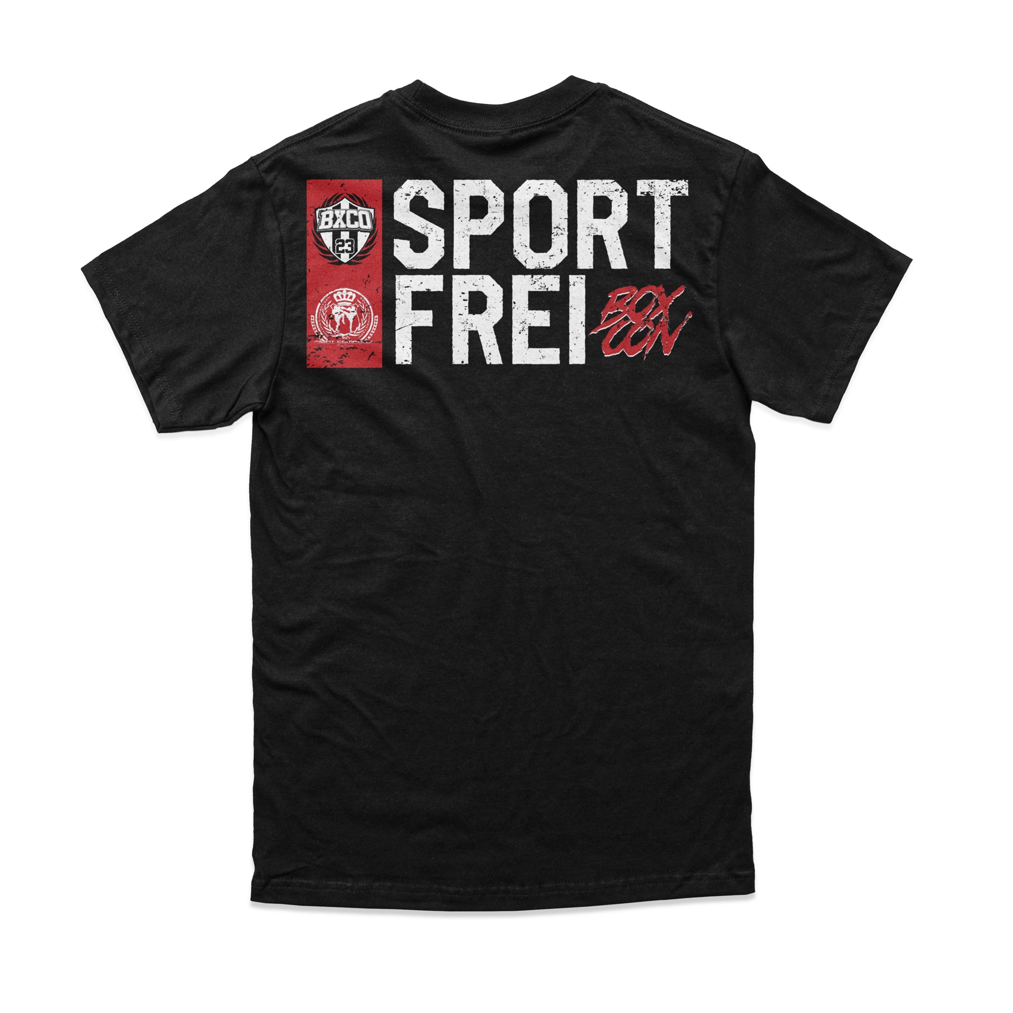 Herren T-Shirt ‚Sport Frei‘ von Label 23 – schwarzes Baumwoll-Shirt mit Statement-Print im sportlichen Boxstyle für Gym und Alltag