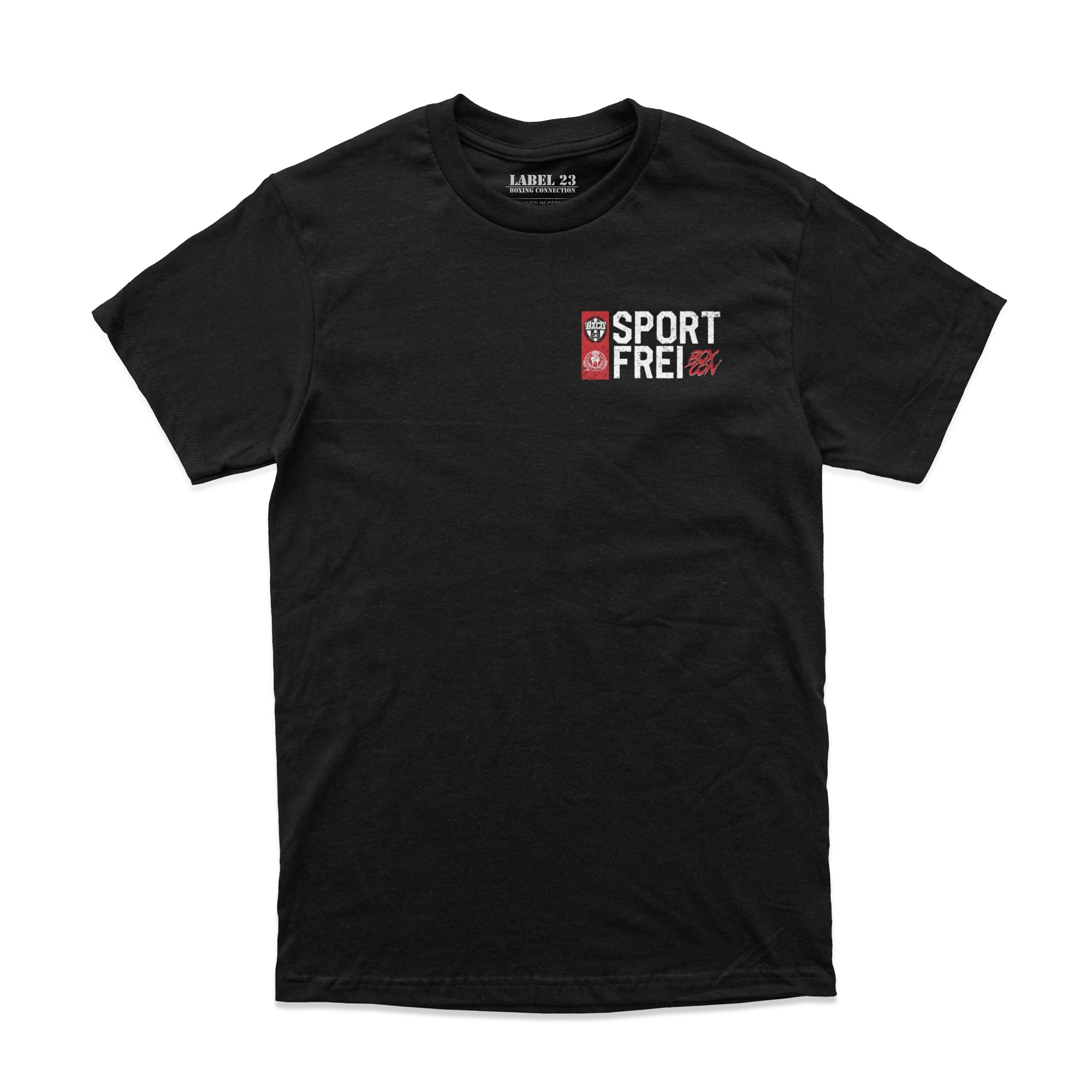 Herren T-Shirt ‚Sport Frei‘ von Label 23 – schwarzes Baumwoll-Shirt mit Statement-Print im sportlichen Boxstyle für Gym und Alltag