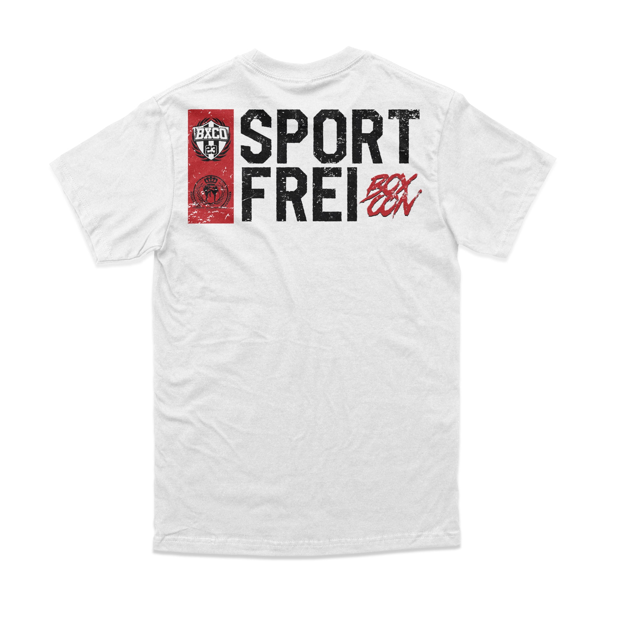 Herren T-Shirt ‚Sport Frei‘ von Label 23 – weißes Baumwoll-Shirt mit Statement-Print im Boxstyle für Training und Streetwear