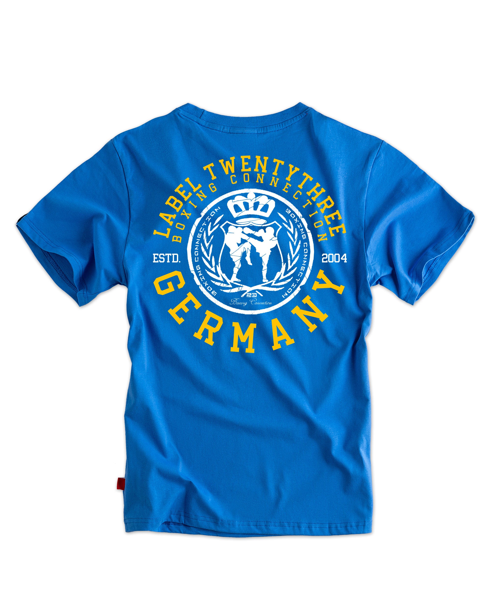 Herren T-Shirt ‚TT23‘ von Label 23 – blaues Baumwoll-Shirt mit Frontprint im sportlichen Boxstyle für Training, Alltag und Streetwear