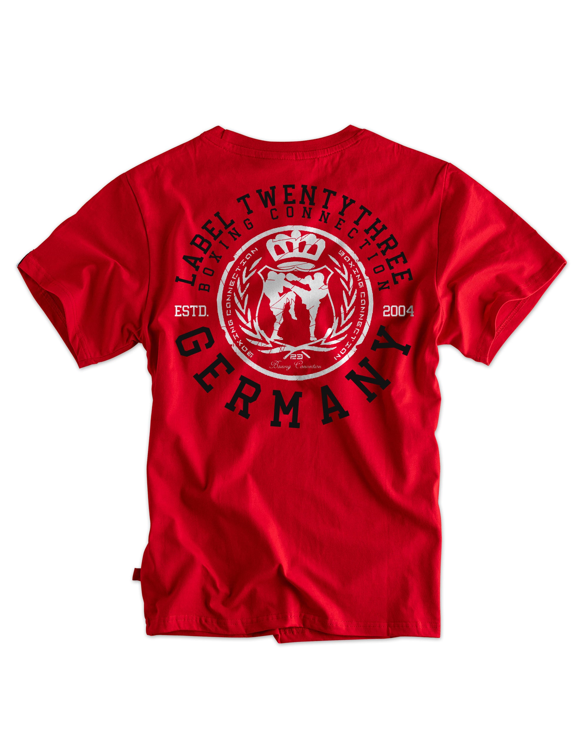 Herren T-Shirt ‚TT23‘ von Label 23 – rotes Baumwoll-Shirt mit Frontprint im Boxstyle, ideal für Training, Streetwear und Freizeit