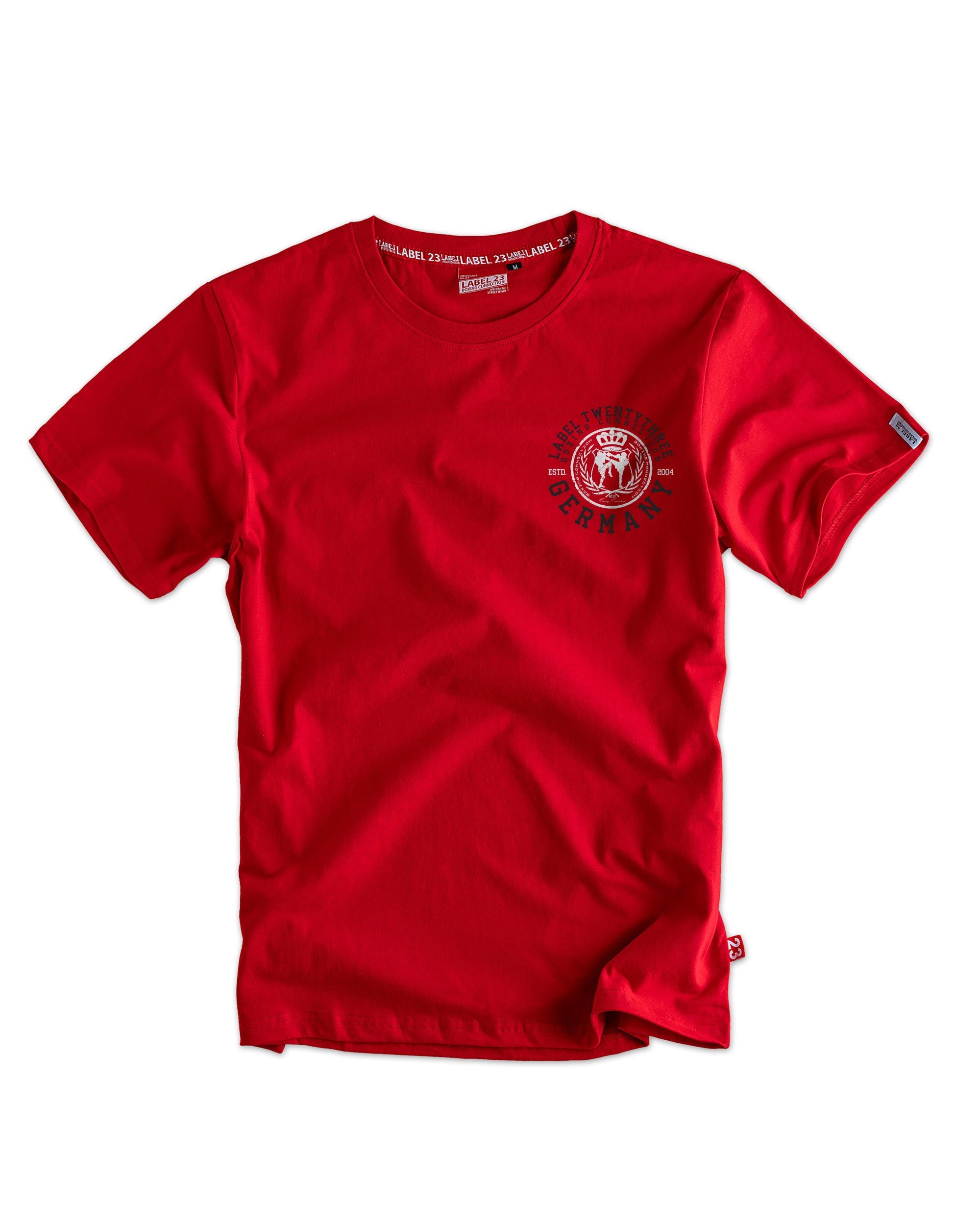 Herren T-Shirt ‚TT23‘ von Label 23 – rotes Baumwoll-Shirt mit Frontprint im Boxstyle, ideal für Training, Streetwear und Freizeit