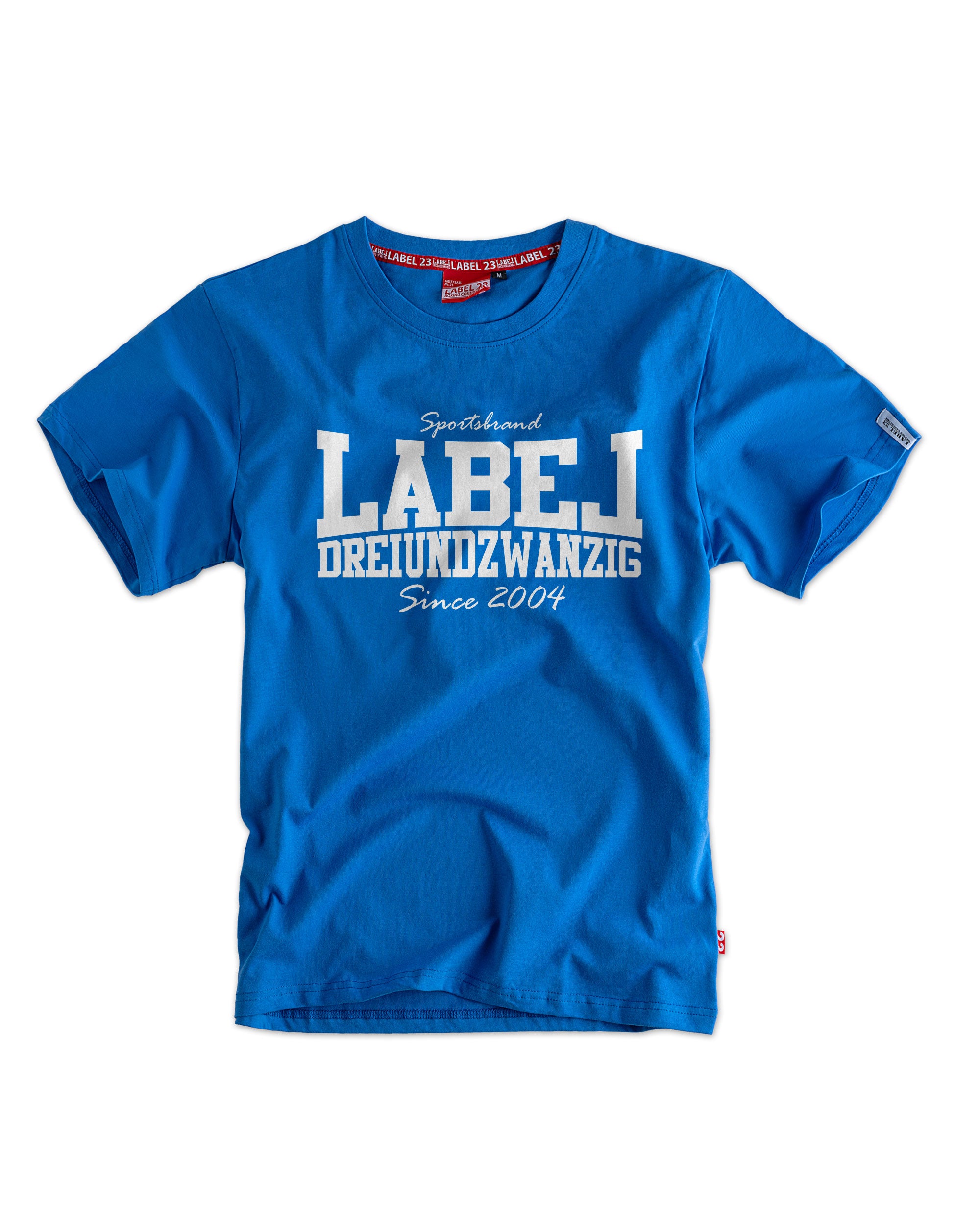 Herren T-Shirt ‚Label DZ‘ von Label 23 – blaues Baumwoll-Shirt mit Frontprint im sportlichen Boxstyle für Gym und Freizeit