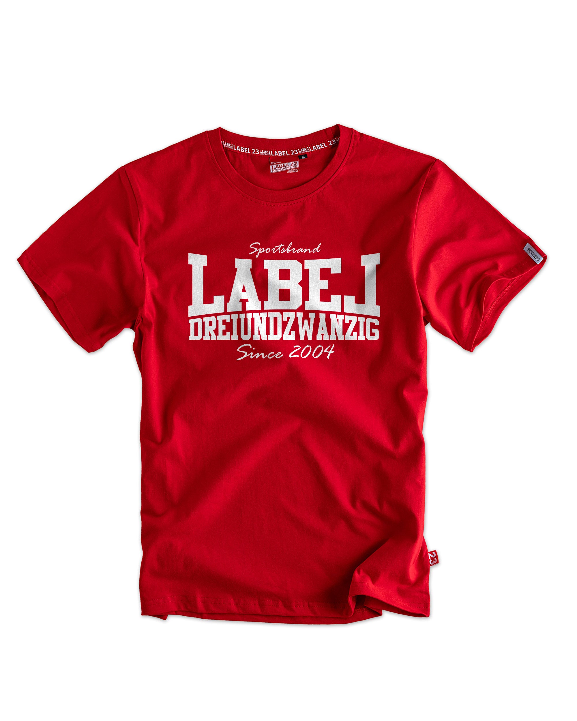 Herren T-Shirt ‚Label DZ‘ von Label 23 – rotes Baumwoll-Shirt mit Frontprint im sportlichen Boxstyle, ideal für Training und Streetwear