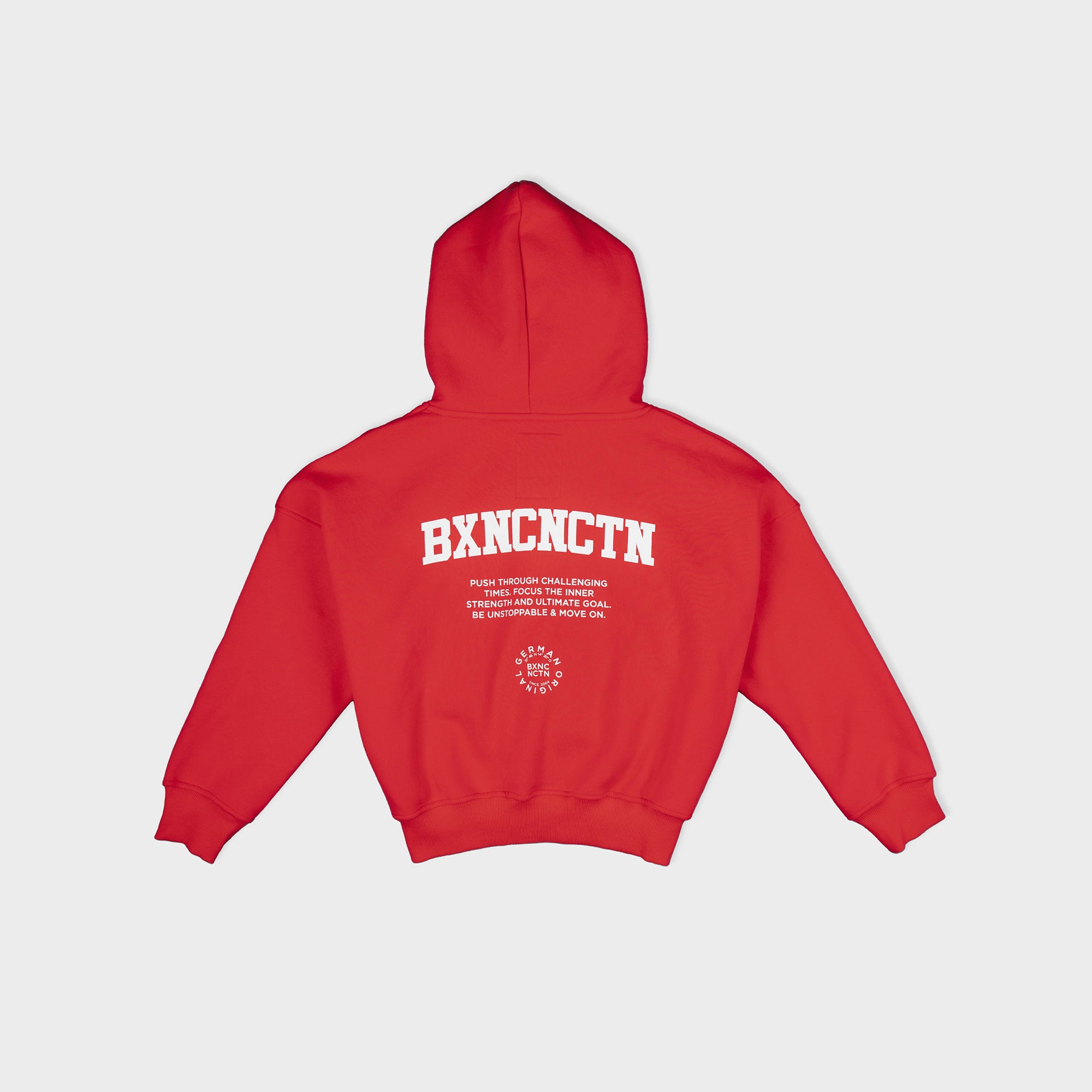 Label 23 Oversize Hoodie Push Through in Rot – lässiger Unisex-Hoodie mit weißem „Push Through“-Print, extra weiter Schnitt, Kapuze mit Kordelzug und weicher Baumwollmischung, ideal für motivierende Streetwear mit Aussage.