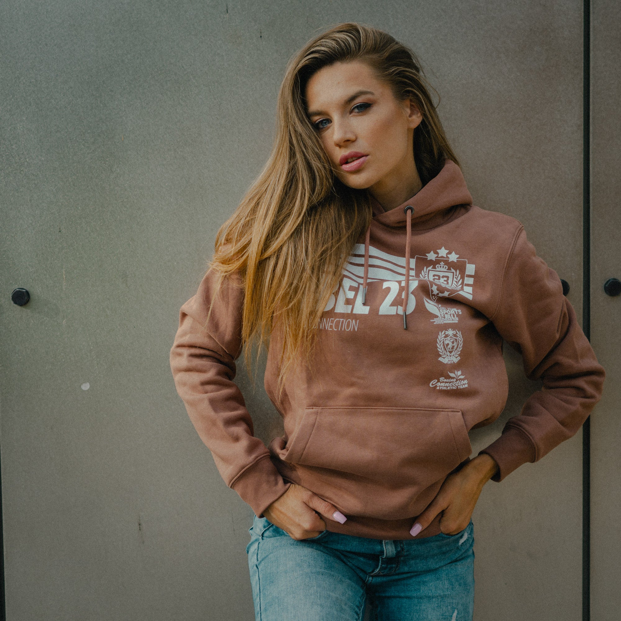 Damen Hoodie Retro Basic sienna-weiss