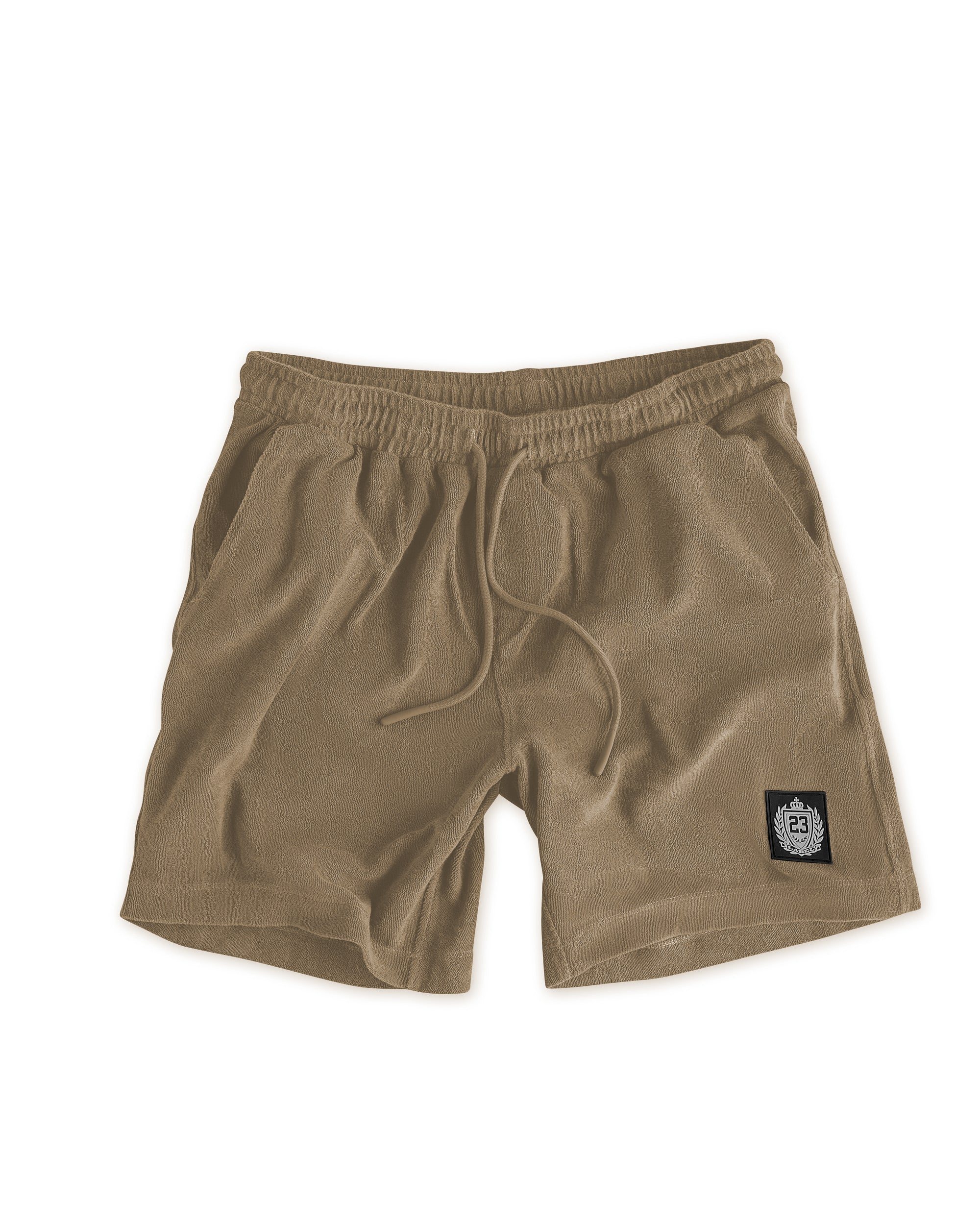 Herren Frottee Shorts ‚BXCO‘ von Label 23 – weiche Shorts in Cream/Coffee mit BXCO-Logo für sportlichen Sommer-Look und entspannte Streetwear